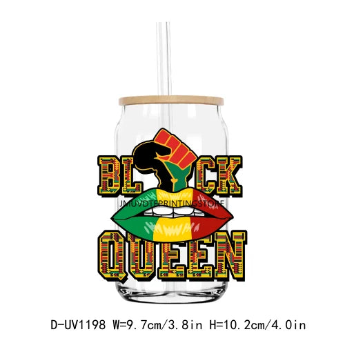 A clear tumbler with a black and green design featuring the text BLACK QUEEN