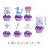 A set of 24 cake sockets featuring various designs including happy faces and stars in pink and purple colors