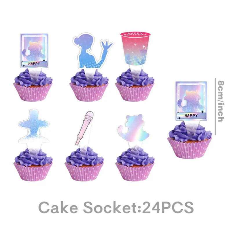 A set of 24 cake sockets featuring various designs including happy faces and stars in pink and purple colors