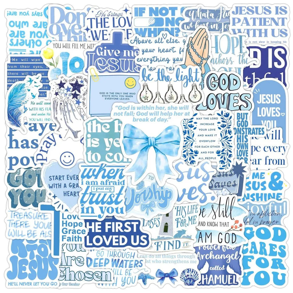 A collection of blue and white graffiti stickers featuring various inspirational phrases about Jesus and faith.