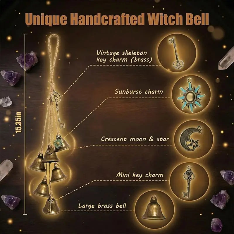 A collection of unique handcrafted brass witch bells featuring various charms and sizes.
