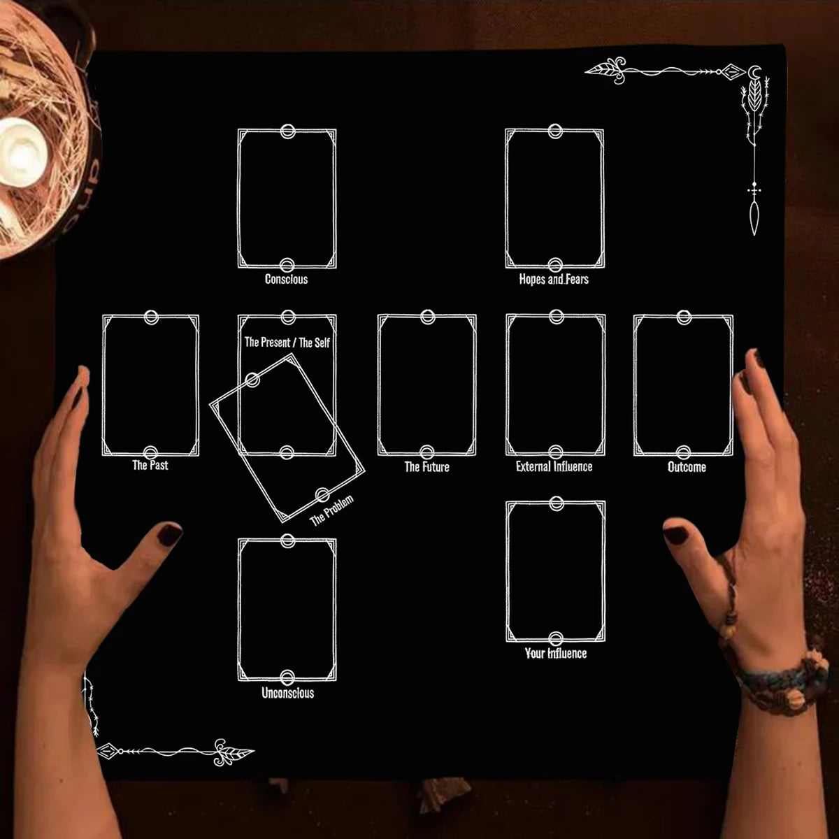 A dark surface displays a diagram of the Celtic Cross spread with various concepts like Conscious, Hopes and Fears, The Past,