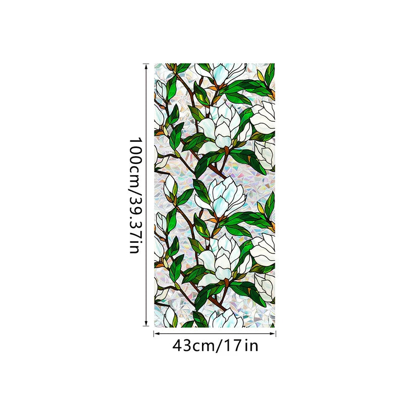 Botanical print static cling window film featuring white and green floral branches on a light background