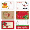 A collection of festive Christmas greeting cards and decorative stickers featuring snowmen, holly wreaths, and holiday messag