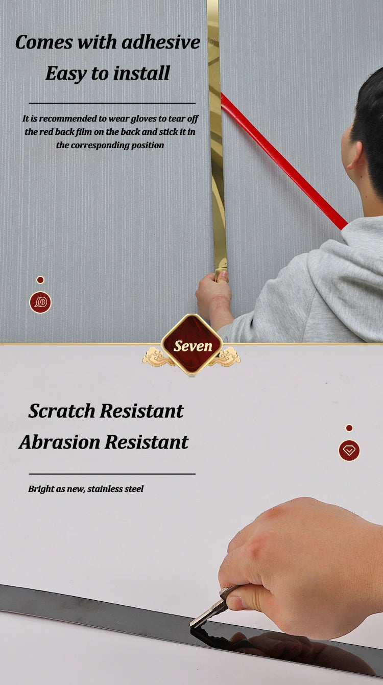A hand applies a thin, black strip of stainless steel trim to a surface.