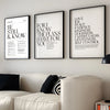 Three framed Christian scripture prints featuring biblical verses on a white wall above a light-colored sofa.