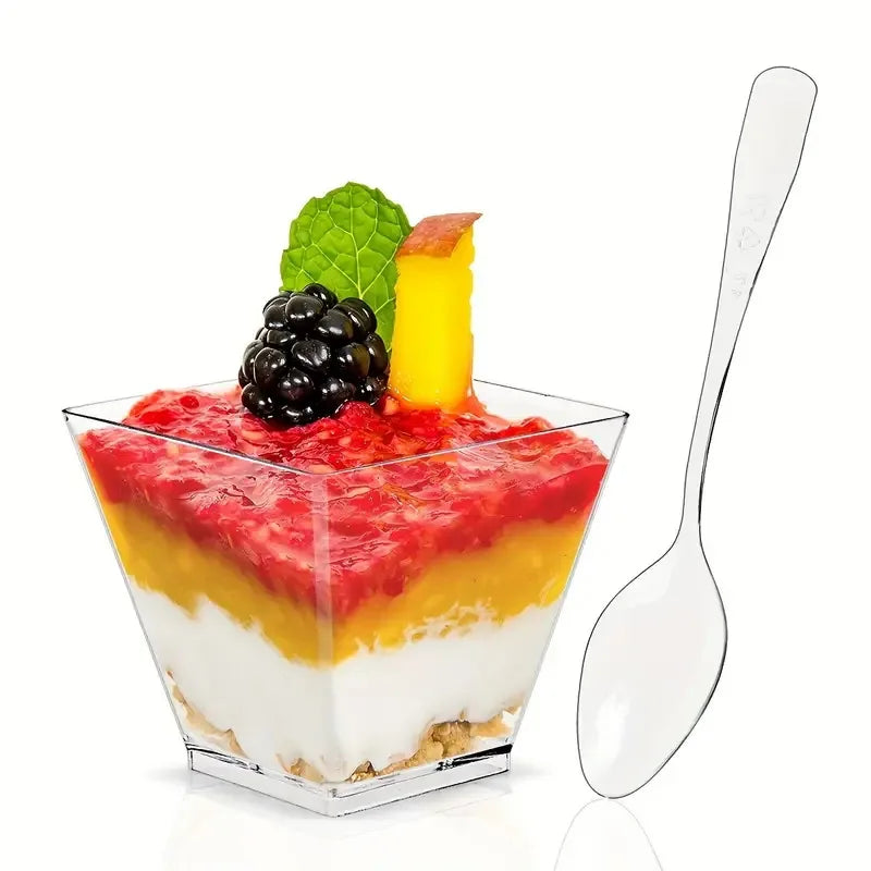 Clear Plastic Mini Dessert Cups with Spoons – Square Parfait & Appetizer Bowls for Parties