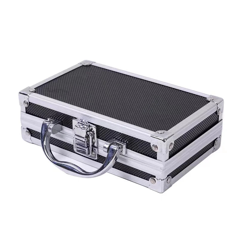 Portable aluminum tattoo machine storage box with reinforced corners and a handle