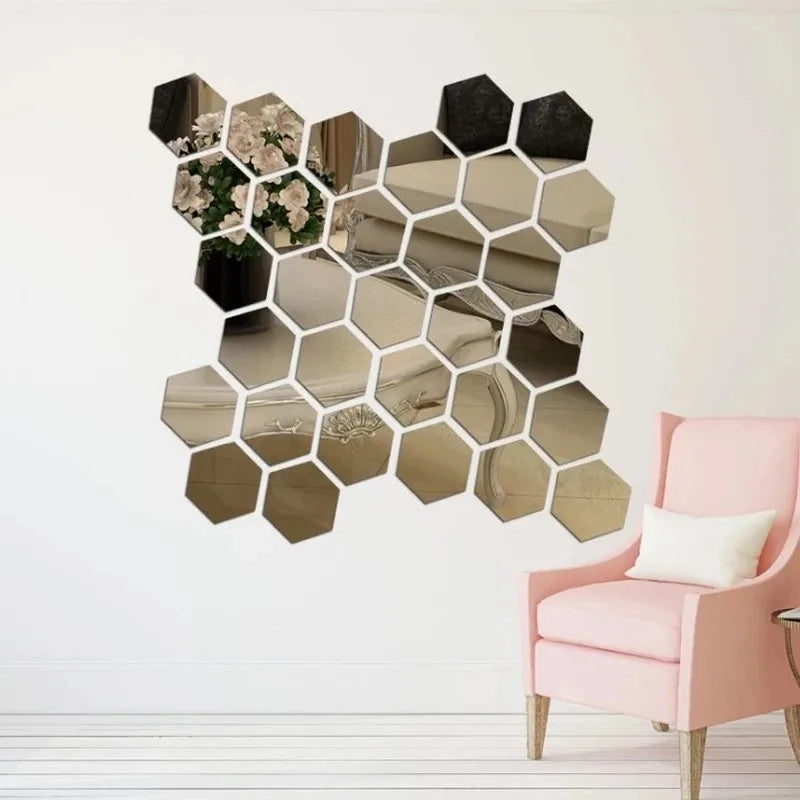 A decorative wall mirror featuring a honeycomb pattern made of small, reflective hexagons.