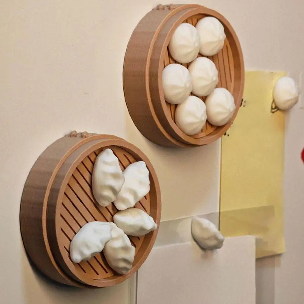 A set of wooden fridge magnets featuring realistic 3D steamer buns and dumplings.
