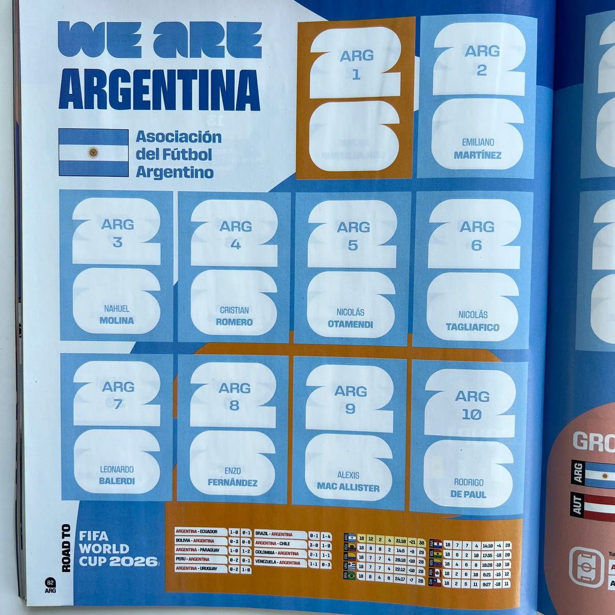 A box of Panini 2026 FIFA World Cup Official Sticker Collection featuring Argentine players and team numbers.