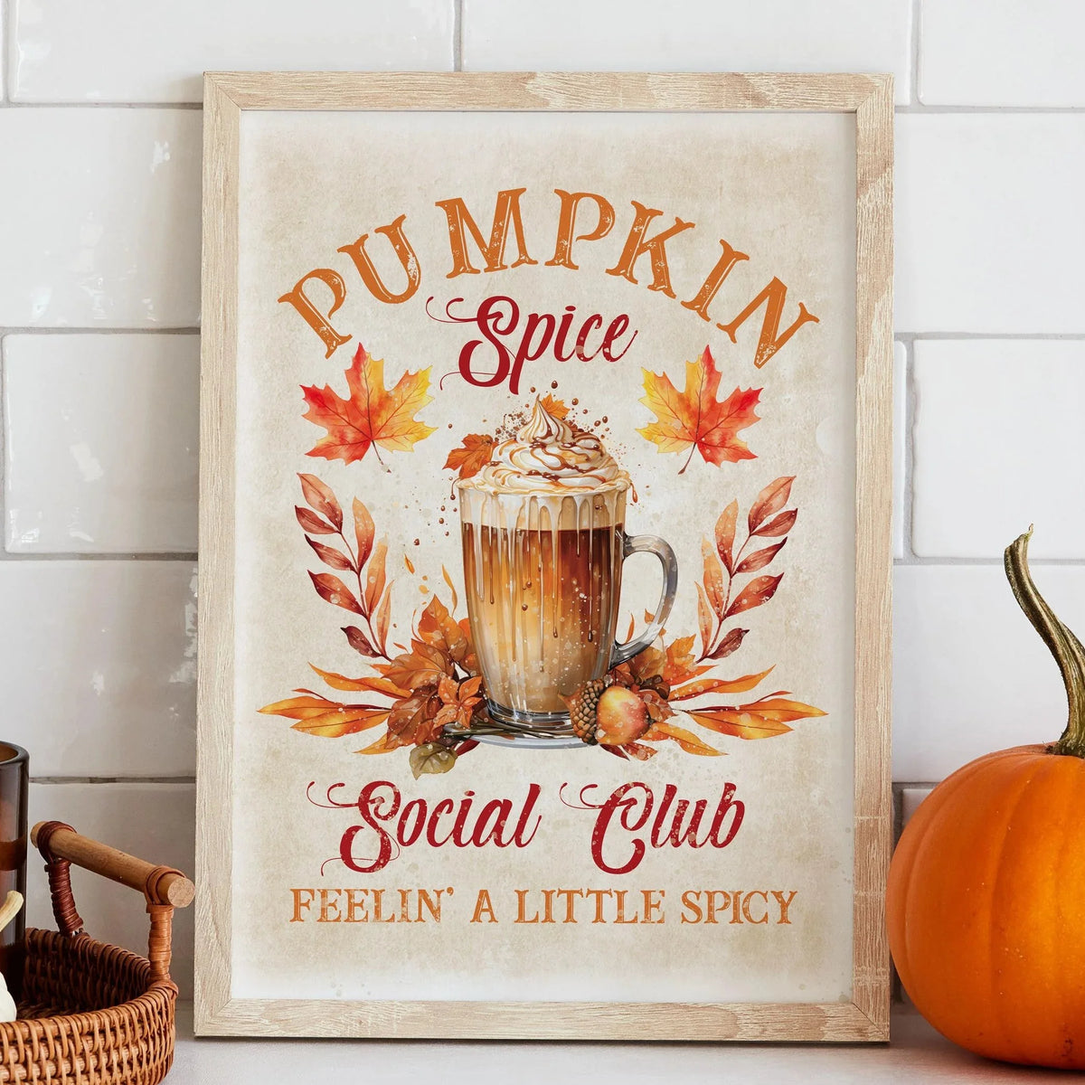 Canvas wall art poster featuring a rustic illustration of a pumpkin spice drink and autumn leaves.