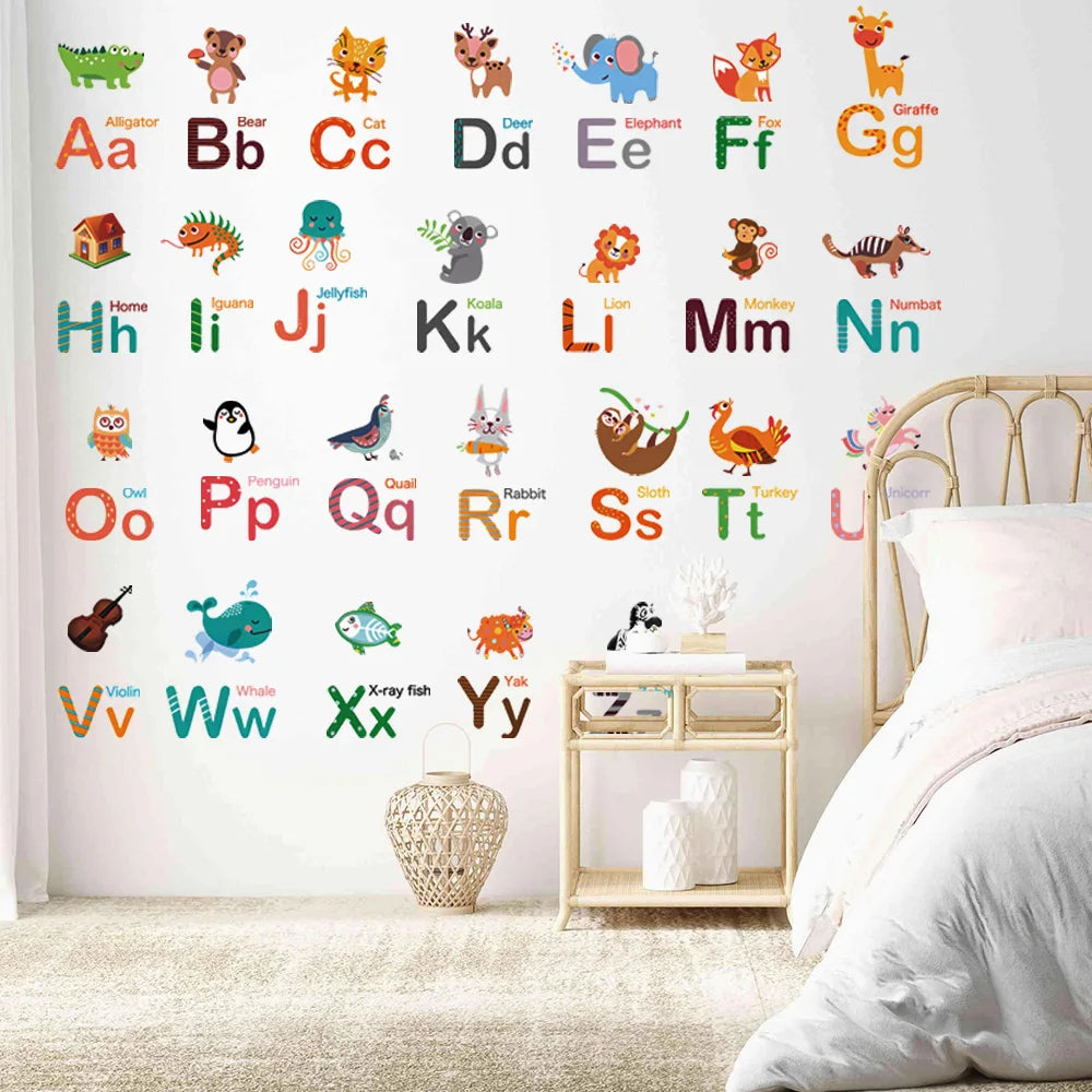 A wall decal featuring a colorful alphabet with cartoon animals for learning