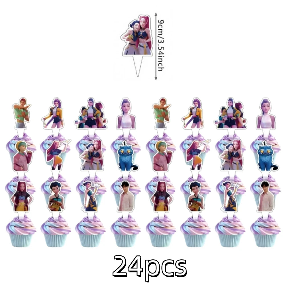 A set of 24 anime hunter girl cake toppers featuring various characters in different poses and colors.