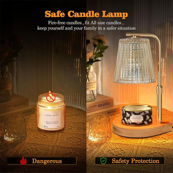 Lampe bougie sécurisée avec abat-jour en verre illuminant une bougie parfumée sur une surface en bois.