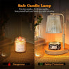A safe candle lamp with a glass shade illuminating a scented candle on a wooden surface.