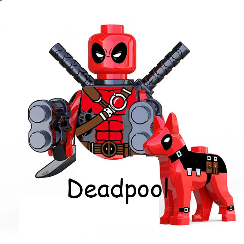 A red Deadpool figure made of building blocks with black accents and a mask.