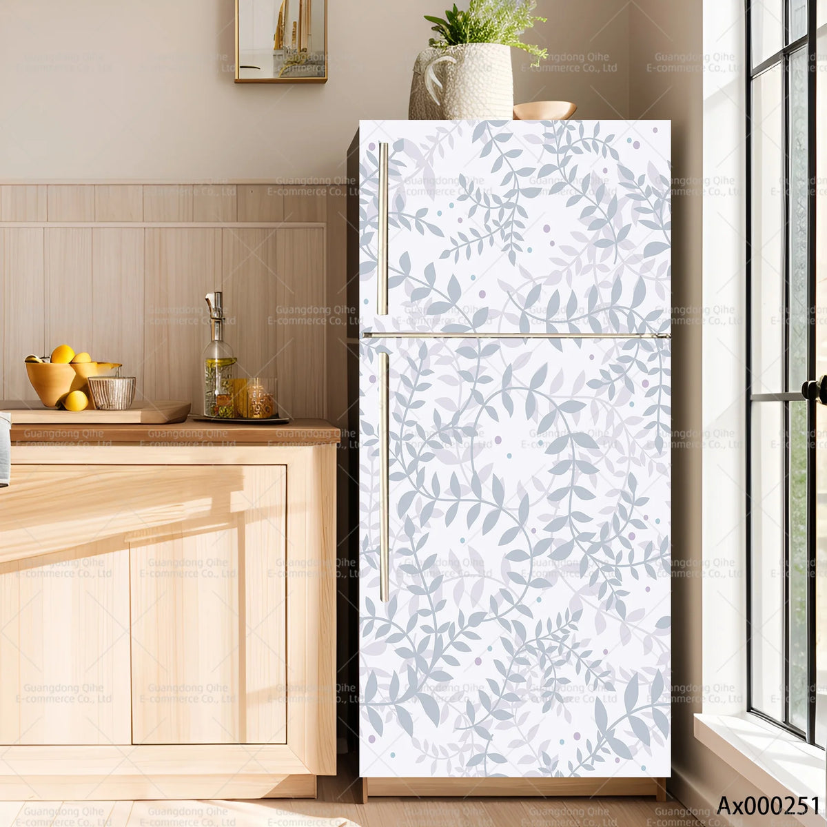 A white refrigerator featuring a minimalist floral leaf pattern with soft gray and purple accents.