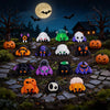 A collection of mini creepy-cute monster spider and skeleton figurines in various colors set against a dark Halloween night b