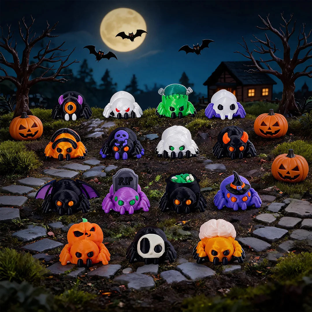 A collection of mini creepy-cute monster spider and skeleton figurines in various colors set against a dark Halloween night b