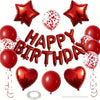 A set of red foil balloons shaped like stars and hearts for birthday decorations
