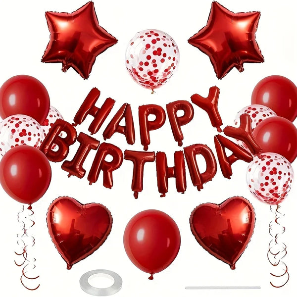 A set of red foil balloons shaped like stars and hearts for birthday decorations