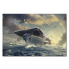 A massive battleship sails through rough seas under a dramatic sky with several aircraft flying above.