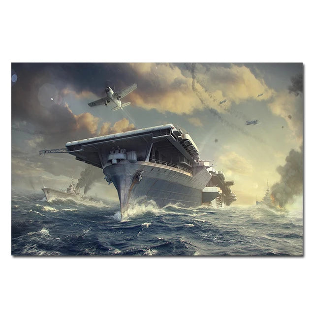 A massive battleship sails through rough seas under a dramatic sky with several aircraft flying above.