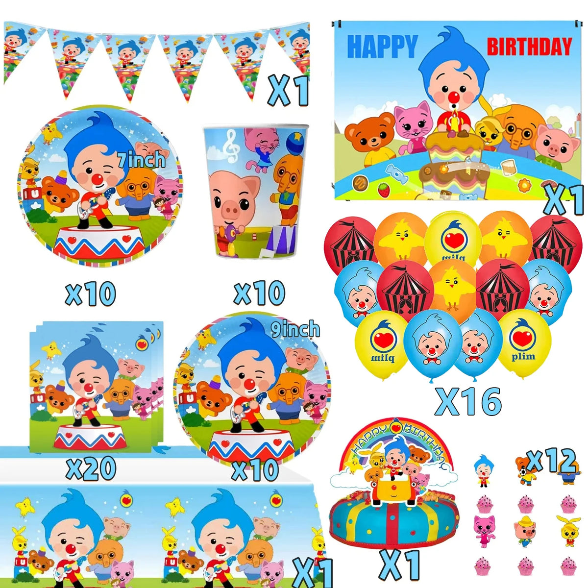 A set of colorful circus theme birthday party decor including banners, balloons, and various themed items.