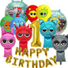 A set of colorful balloons featuring various cartoon characters and a large number one balloon for a birthday party