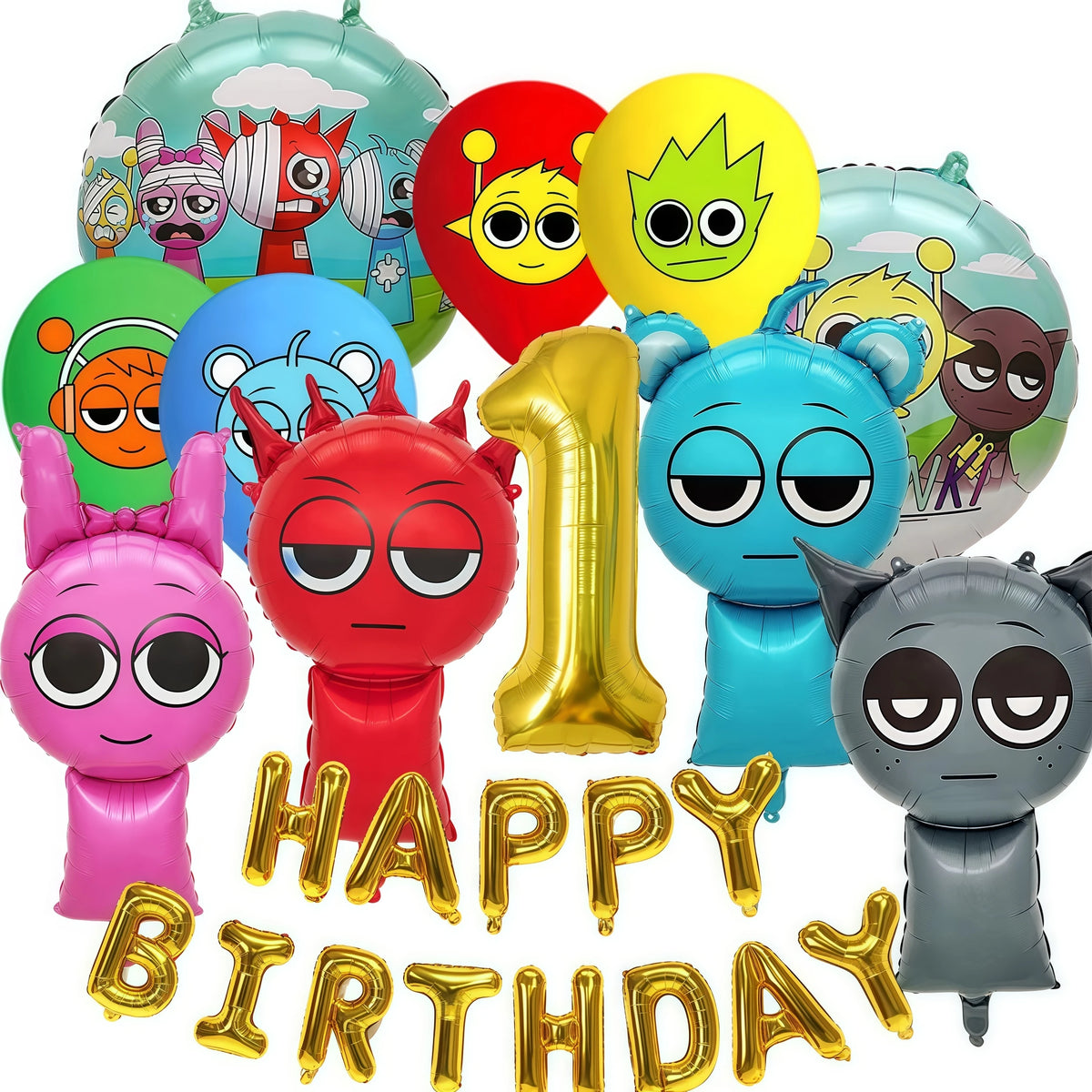 A set of colorful balloons featuring various cartoon characters and a large number one balloon for a birthday party