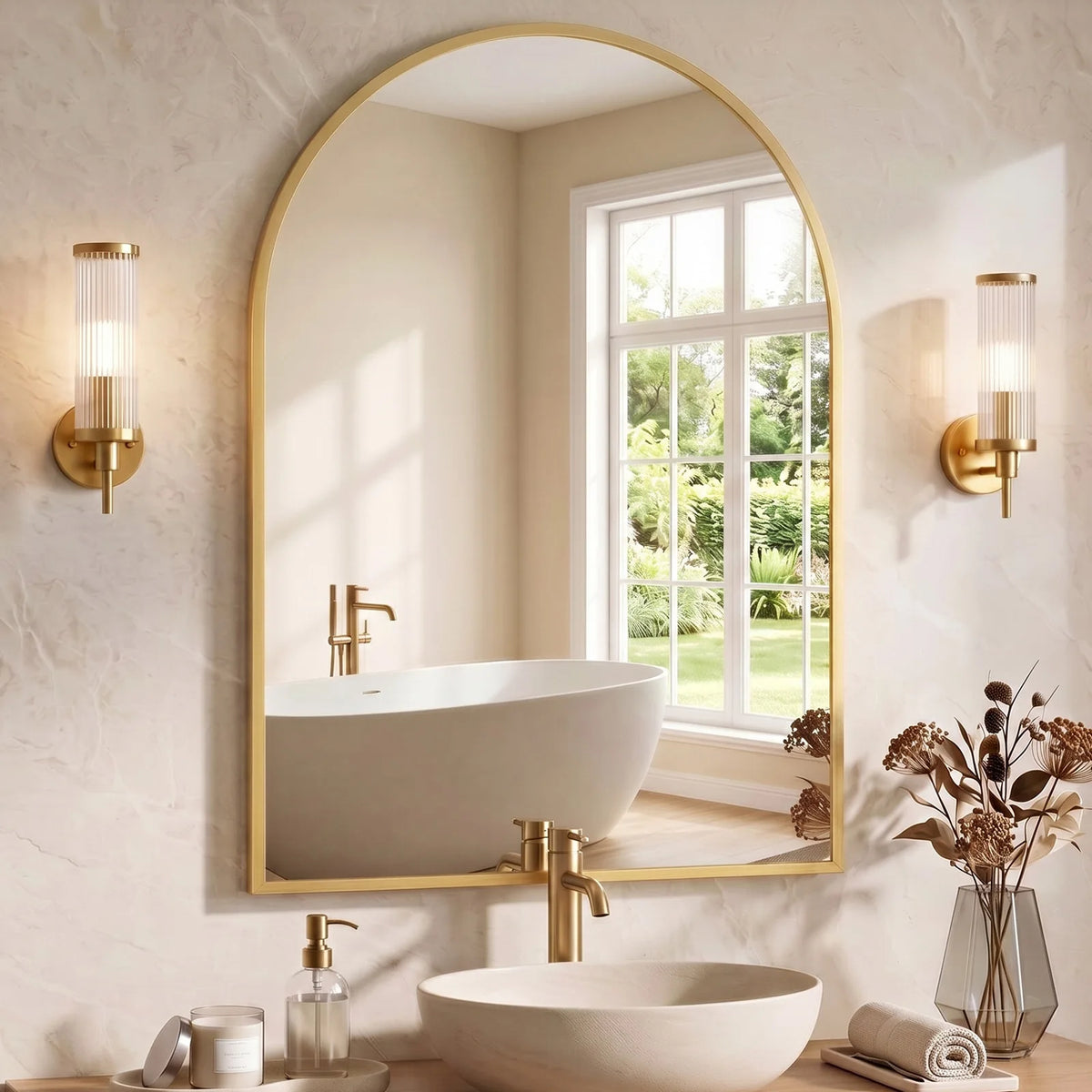 A bathroom featuring an arched mirror with a gold frame above a white vessel sink and modern wall sconces.