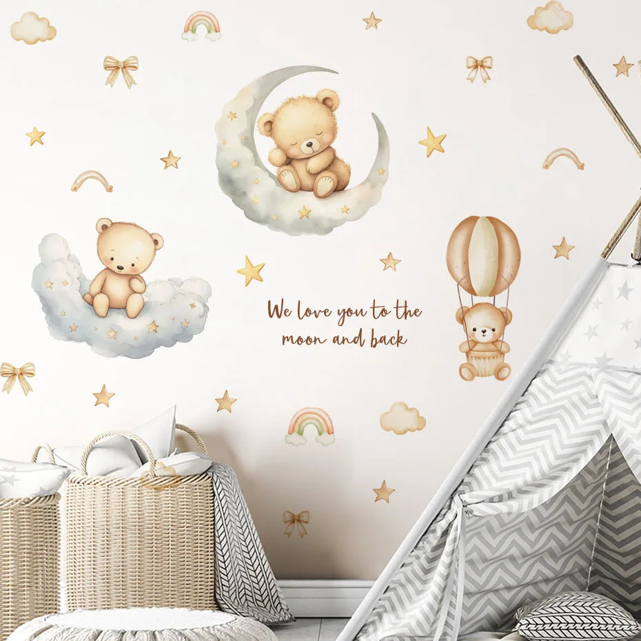 Wall stickers featuring cartoon bears and crescent moons for a child's room