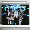A K-pop inspired birthday party decoration set featuring a backdrop with the text Happy Birthday and several female performer