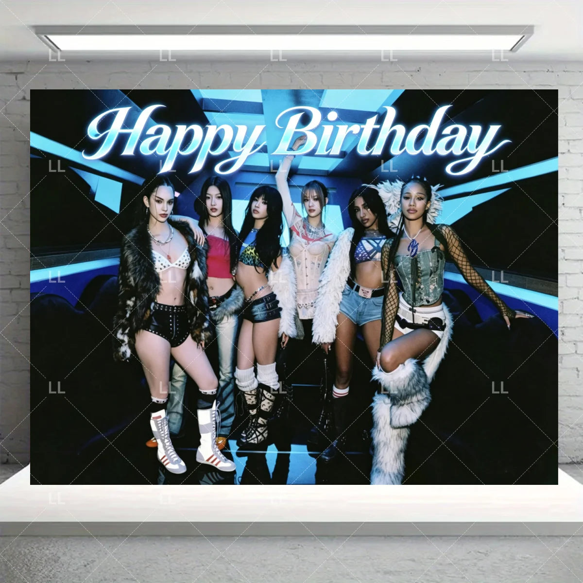 A K-pop inspired birthday party decoration set featuring a backdrop with the text Happy Birthday and several female performer