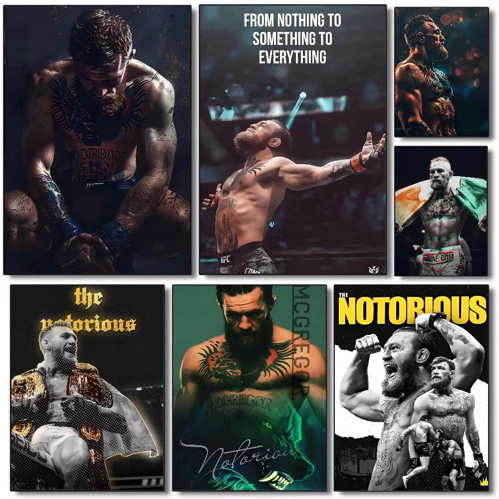 A collage of boxing posters featuring Conor McGregor and other fighters like The Notorious.