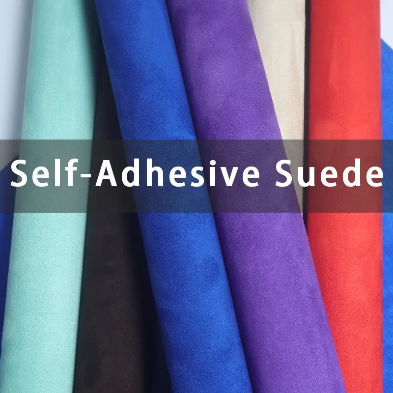 Rolls of self-adhesive suede fabric in various colors including teal, blue, purple, and red.
