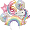 A collection of pink and iridescent foil balloons, including a number 6, a unicorn, and a rainbow arch.