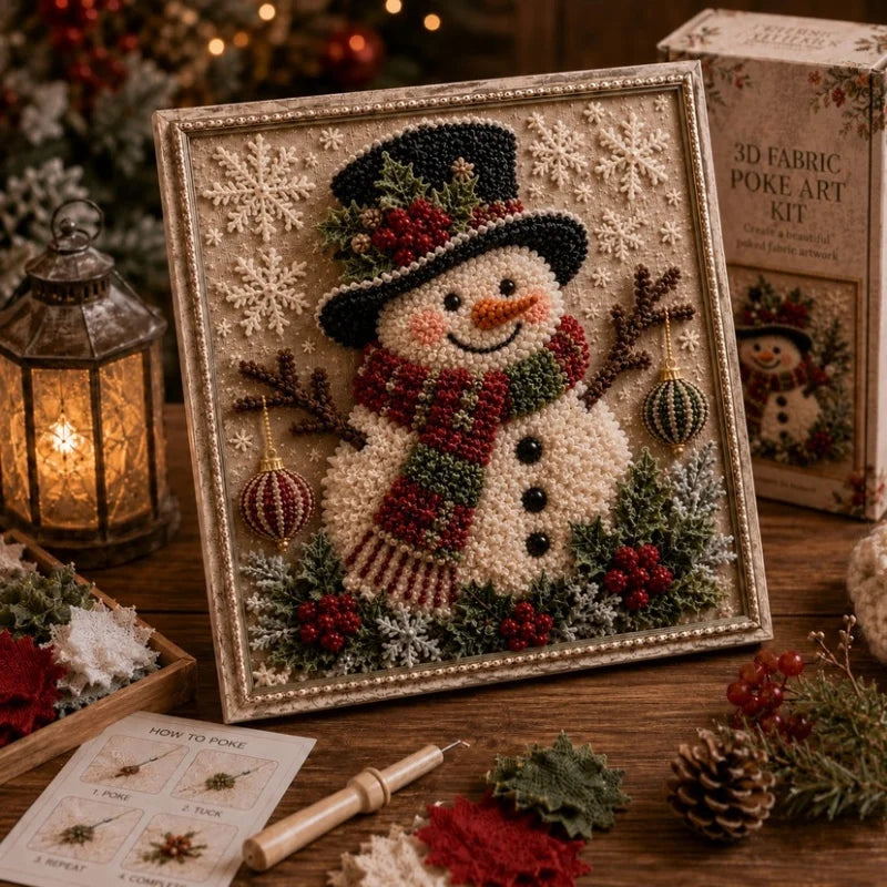 A framed 3D fabric poke art kit featuring a detailed snowman and winter forest scene with evergreen branches and berries.