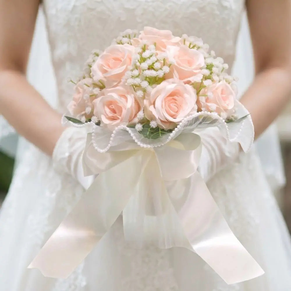 Elegant Silk Rose Bridal Bouquet with Baby's Breath