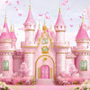 A beautiful pink princess castle photo backdrop featuring ornate towers and a grand entrance surrounded by pink cherry blosso