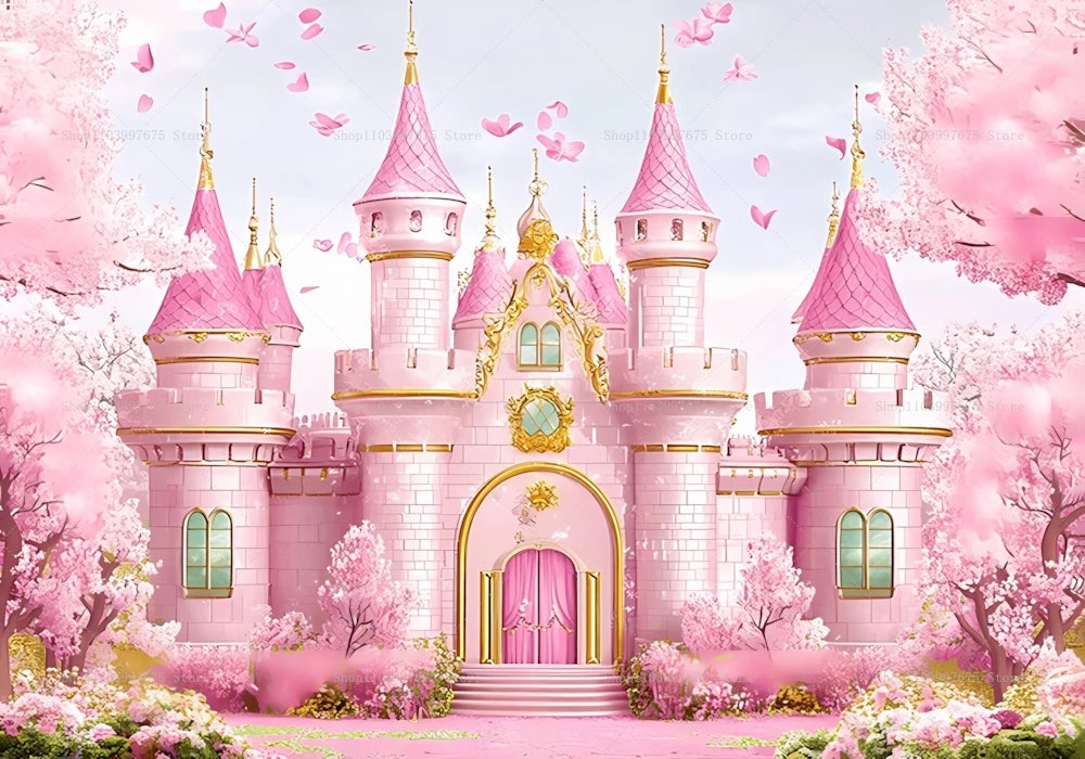 A beautiful pink princess castle photo backdrop featuring ornate towers and a grand entrance surrounded by pink cherry blosso