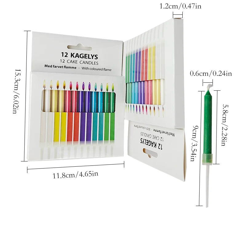 A package of 12 Kagelys cake candles featuring various colored flames for birthday party decorations.