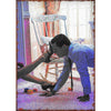 A painting depicting a man in a blue shirt leaning on a chair, rendered in an impressionistic style.