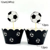 A set of twelve soccer ball cake toppers, featuring black and white soccer balls on yellow sticks.