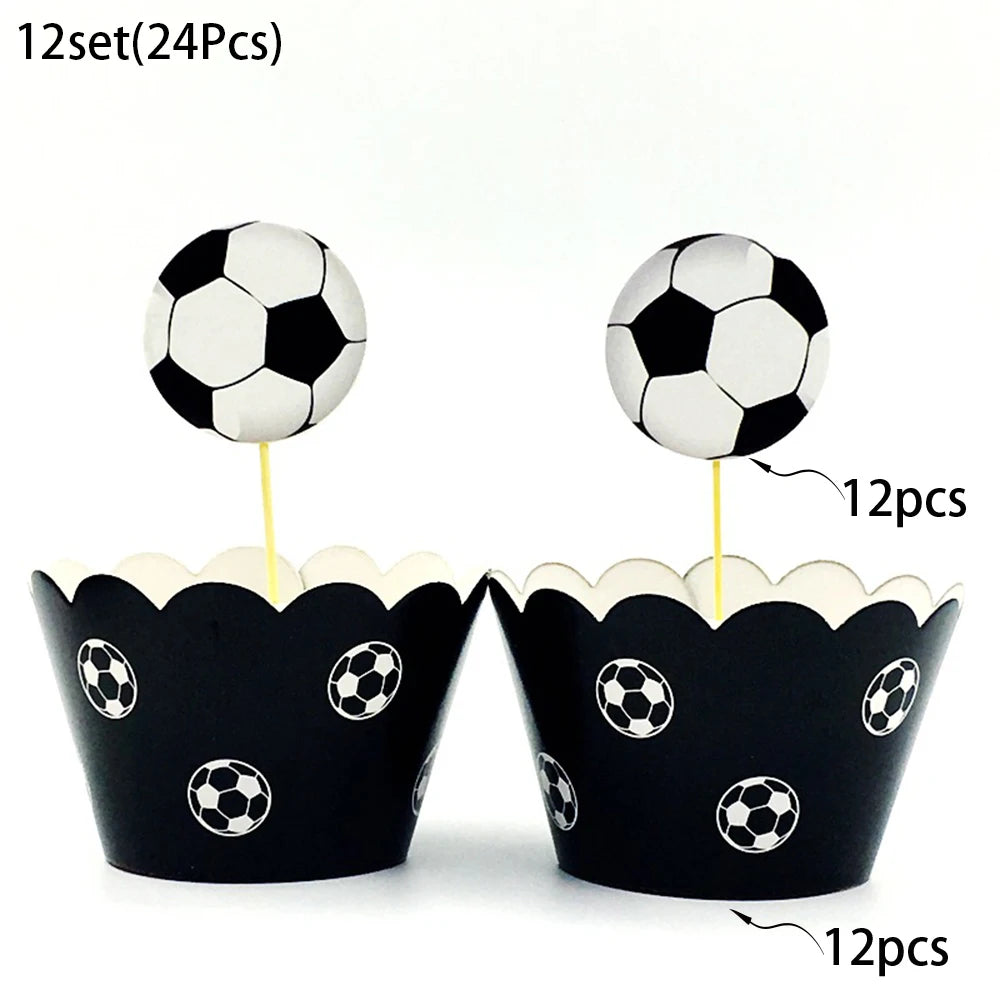 A set of twelve soccer ball cake toppers, featuring black and white soccer balls on yellow sticks.