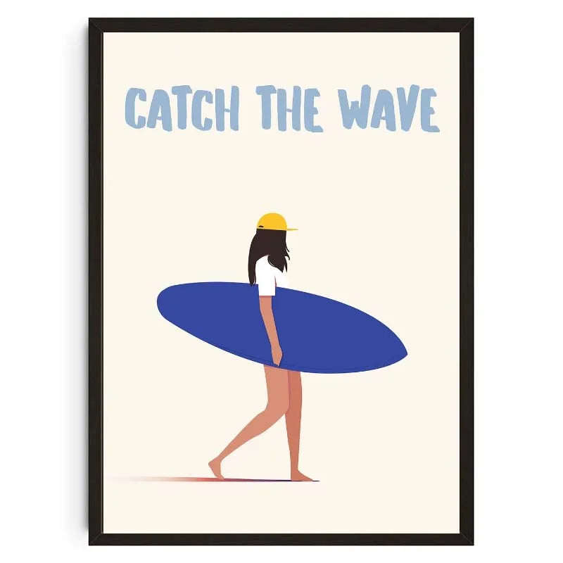 Minimalistische Malerei mit Silhouette einer Person, die auf einer blauen Welle surft, vor hellem Hintergrund.