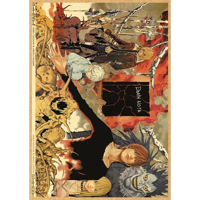 Vintage anime canvas wall art featuring a dramatic scene with figures and blood-like textures.