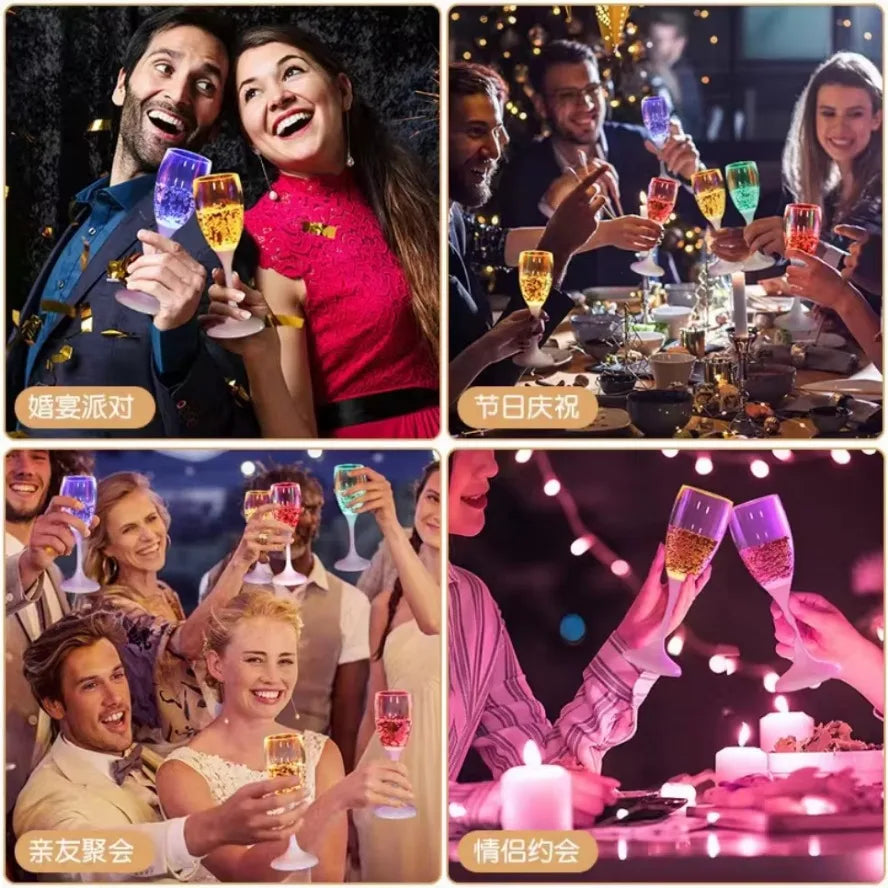 Collage de photos montrant des gens profitant de boissons et de célébrations, probablement avec des verres à boire LED multic