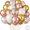 A bouquet of 30 chrome latex balloons in gold, rose gold, and white shades.